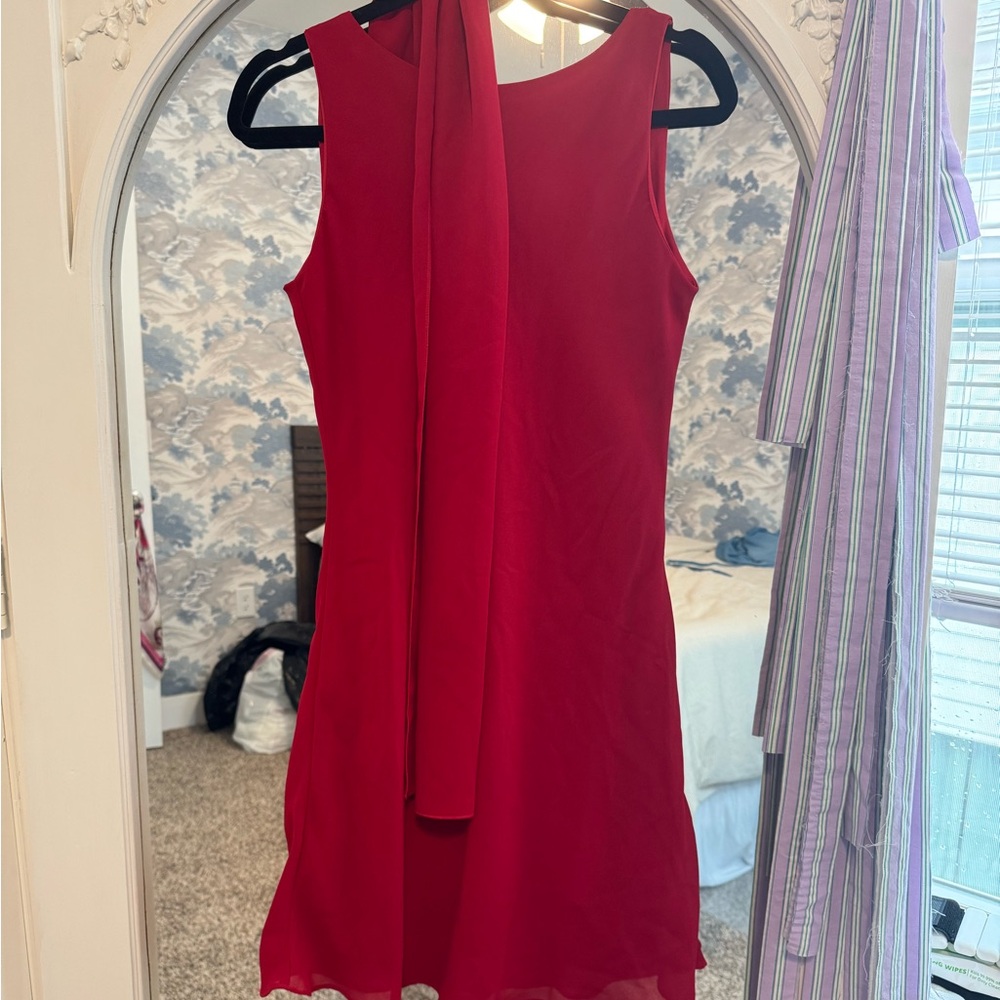 Made in USA Vintage Alyn Paige Red Chiffon Mini Dress with Chiffon Scarf